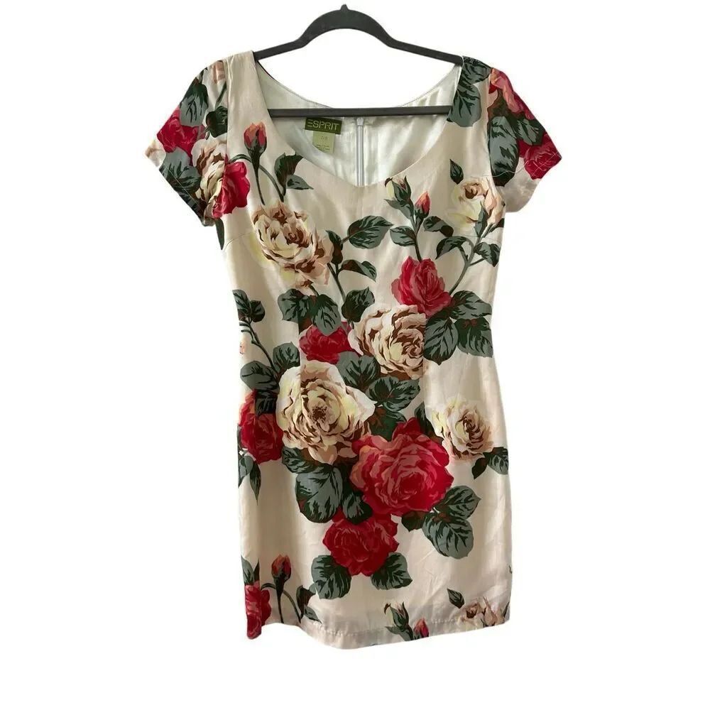 Vintage Esprit Floral Short Sleeve MiniāSheath Dress Cream Red Women's Size 7/8